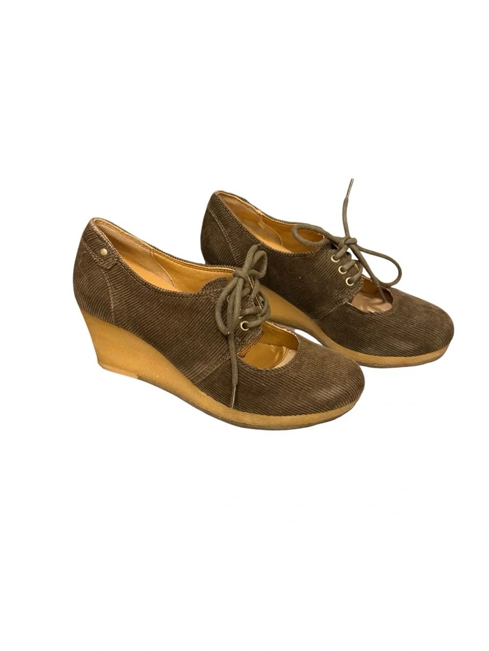 Vintage Clarks Originals Olive Green Tulip Vogue Corduroy Wedge Mary Jane